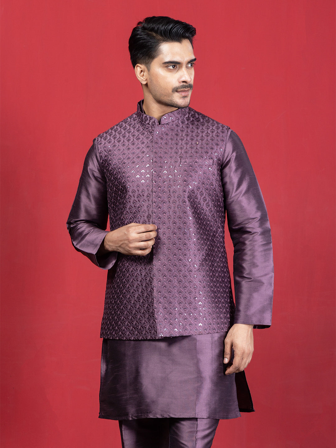 Mauve Sequin Embroidered Nehru Jacket with Tone-on-Tone Kurta & Pyjama Set