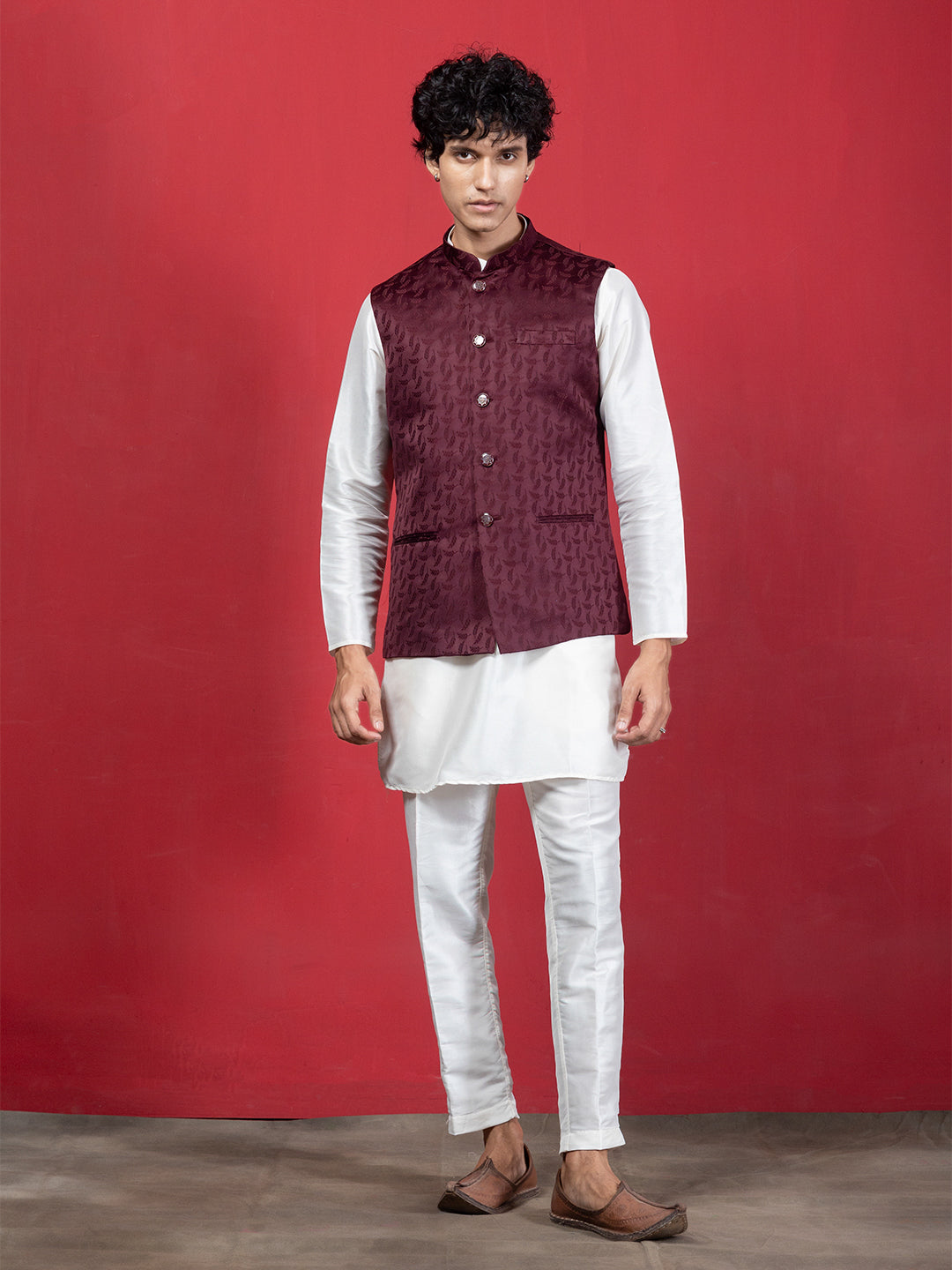 Maroon Woven Jacquard Ethnic Motif Nehru Jacket