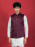 Maroon Woven Jacquard Ethnic Motif Nehru Jacket