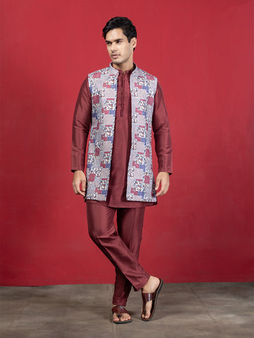 Maroon Silk-Blend Kurta Set with Knitted Printed Front-Open Jacket