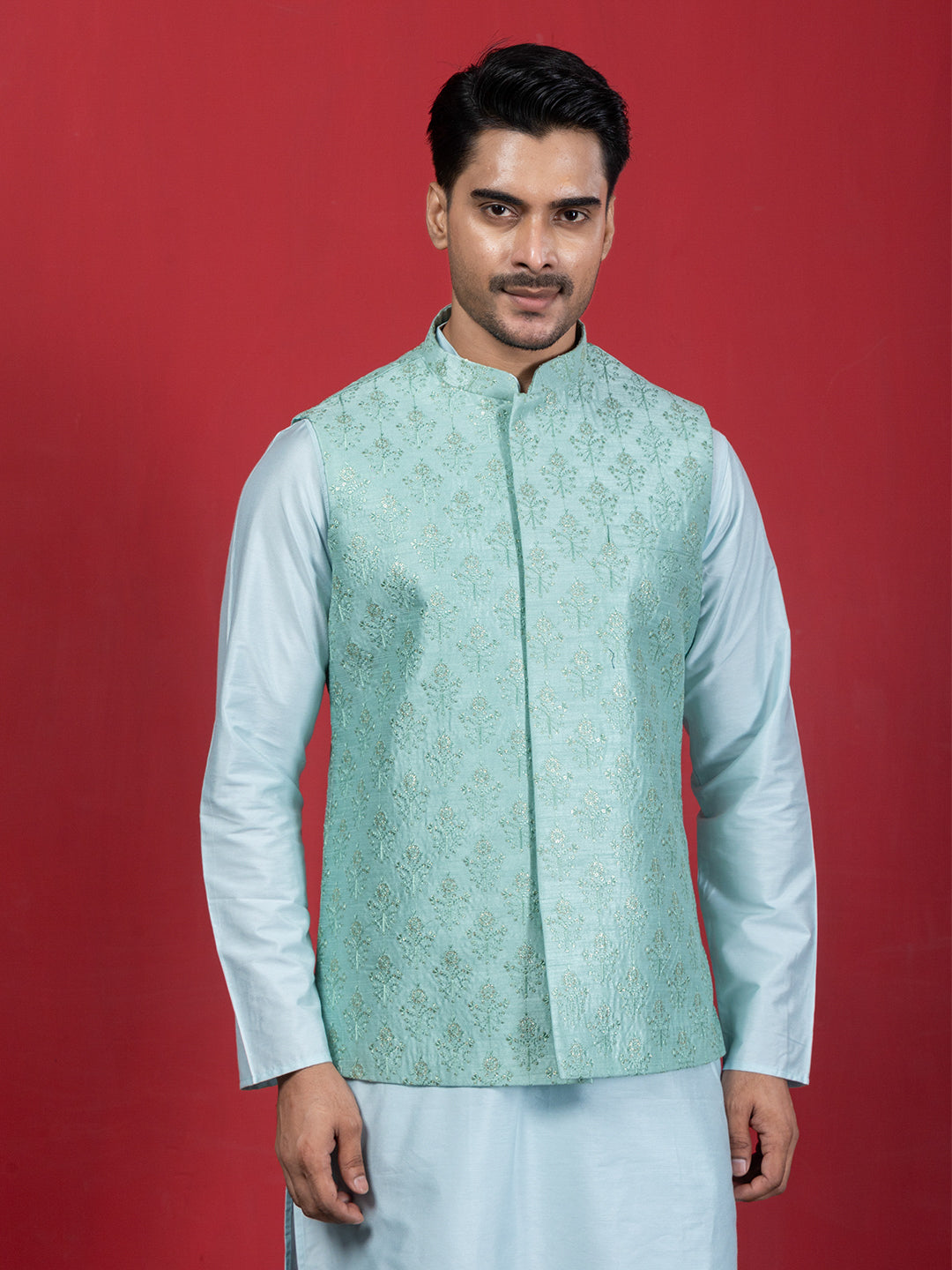 Mint Green Ethnic Motif Sequin Embroidered Nehru Jacket with Kurta & Pajamas