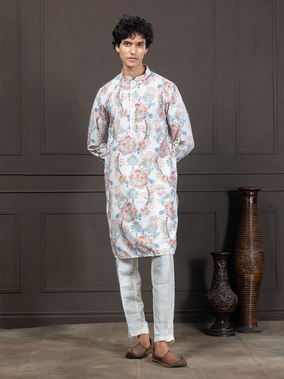 Orange Floral Print Sequin Embroidery Kurta