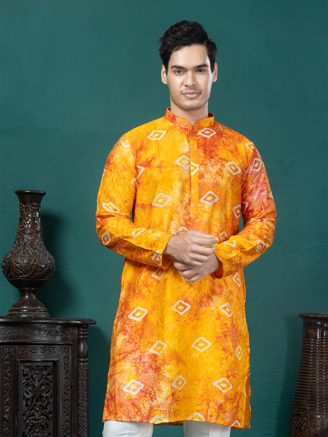 Orange Tie Dye Embroidery kurta with Sequin detailing & Print