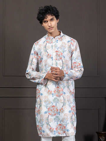 Orange Floral Print Sequin Embroidery Kurta