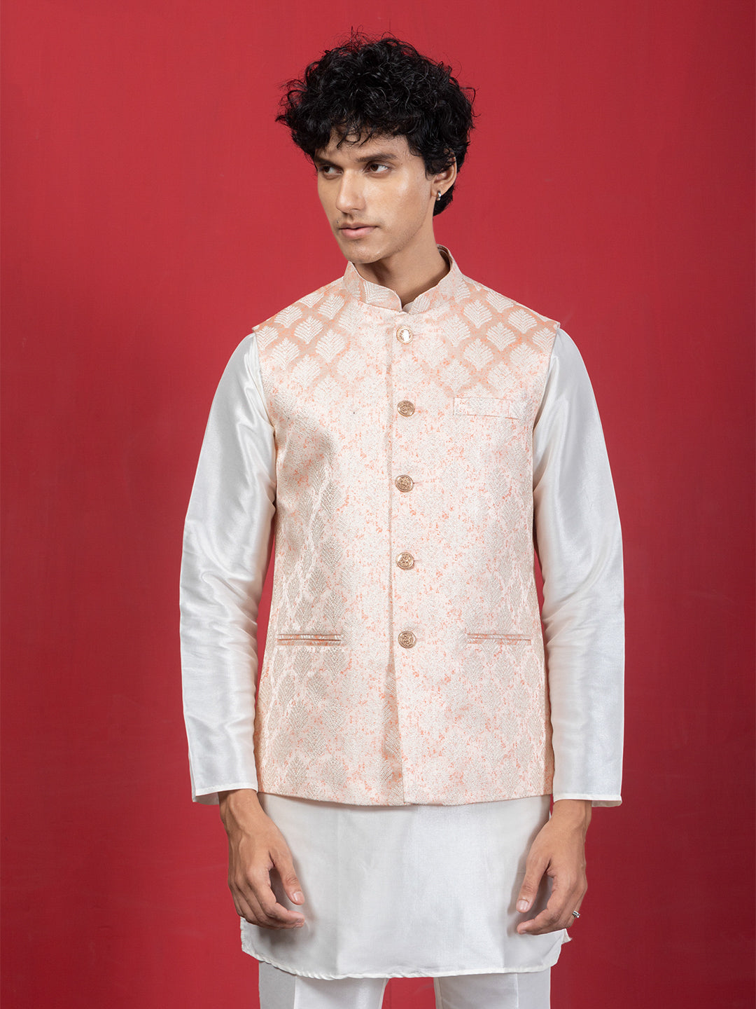 Pestal Pink Ethnic Motif Jacquard Nehru Jacket Set with Kurta & Pyjama
