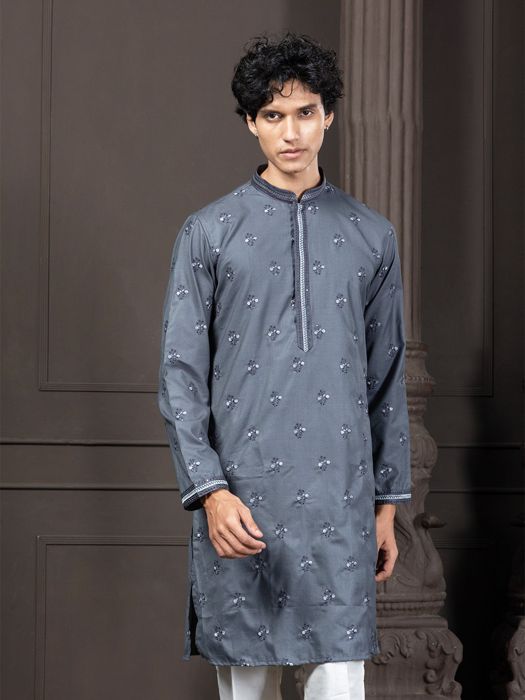 Slate Blue Cotton Buti Embroidered Kurta