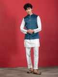 Teal Blue Woven Jacquard Ethnic Motif Nehru Jacket