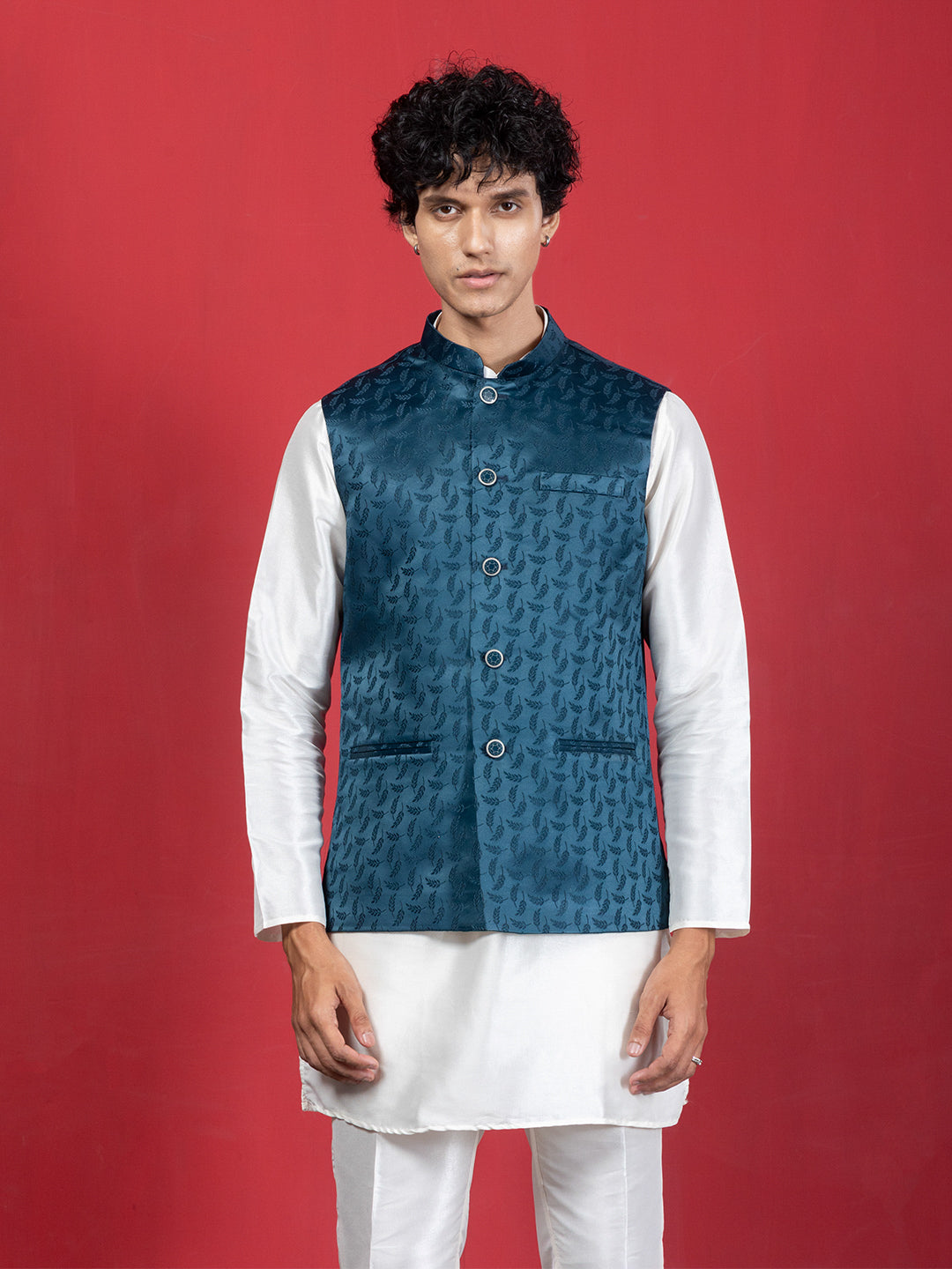 Teal Blue Woven Jacquard Ethnic Motif Nehru Jacket