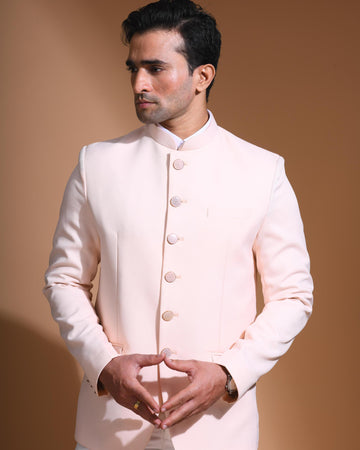 Peach Textured Mandarin Collar Bandhgala Blazer