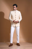 Cream Textured Mandarin Collar Bandhgala Blazer