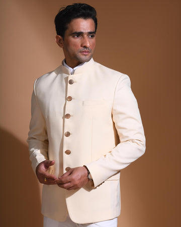 Cream Textured Mandarin Collar Bandhgala Blazer