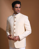 Cream Textured Mandarin Collar Bandhgala Blazer