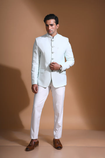 Cyan Blue Textured Mandarin Collar Bandhgala Blazer