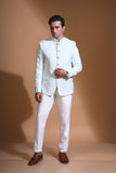 Cyan Blue Textured Mandarin Collar Bandhgala Blazer
