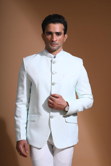 Cyan Blue Textured Mandarin Collar Bandhgala Blazer