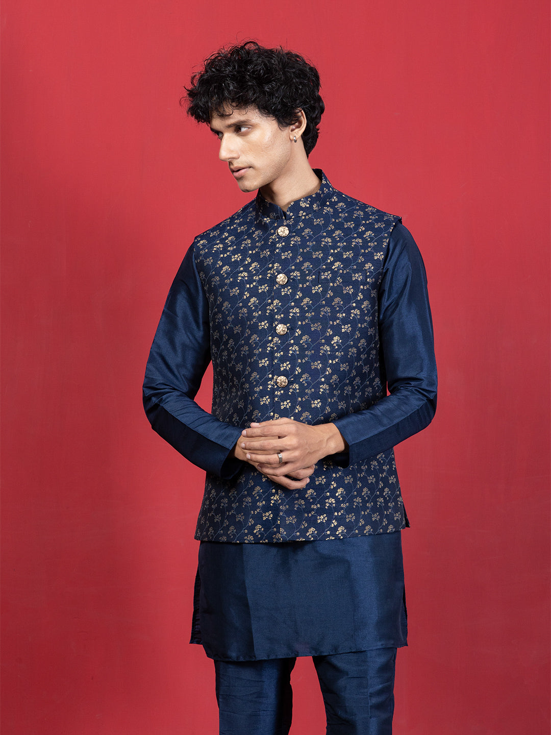 Blue Jacquard Nehru Jacket with contrasting Kurta & Pyjama