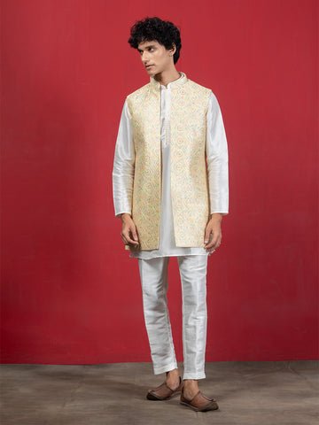 Embroidered Front-Open Jacket with Off-White Silk Blend Kurta and Pyjama