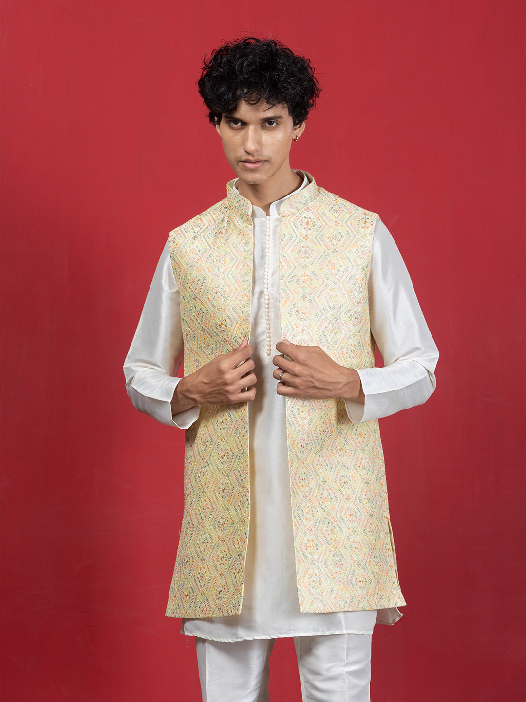 Embroidered Front-Open Jacket with Off-White Silk Blend Kurta and Pyjama