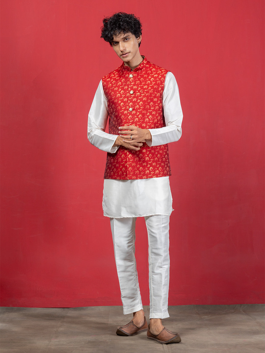 Red Jacquard Nehru Jacket with contrasting Kurta & Pyjama