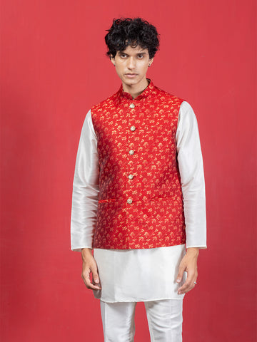 Red Jacquard Nehru Jacket with contrasting Kurta & Pyjama