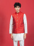Red Jacquard Nehru Jacket with contrasting Kurta & Pyjama