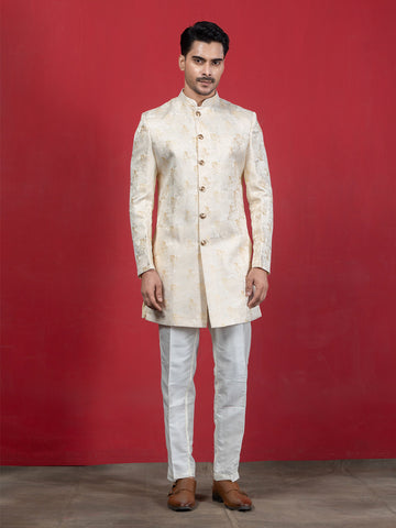 Cream Jacquard Ethnic Motif Achkan Sherwani Set