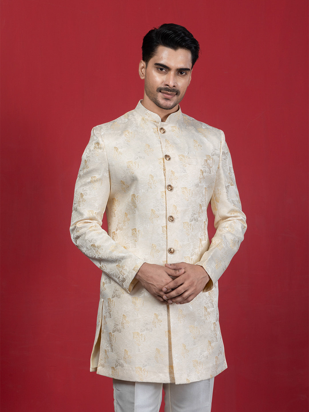 Cream Jacquard Ethnic Motif Achkan Sherwani Set