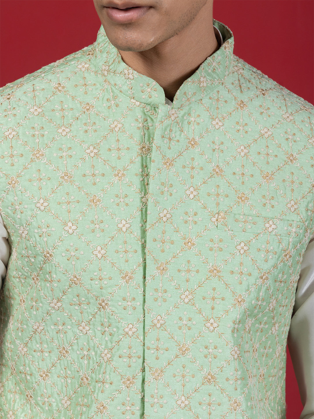 Pistachio Green Zari Embroidered Jacket set with Kurta and Pyjama