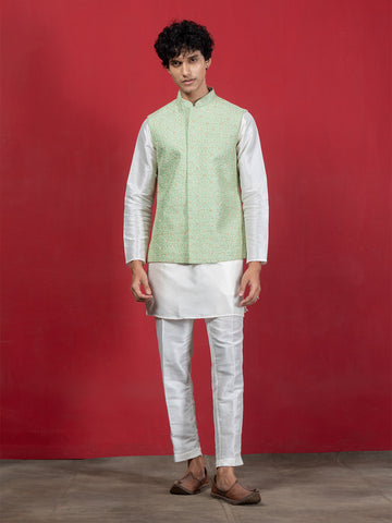 Pistachio Green Zari Embroidered Jacket set with Kurta and Pyjama