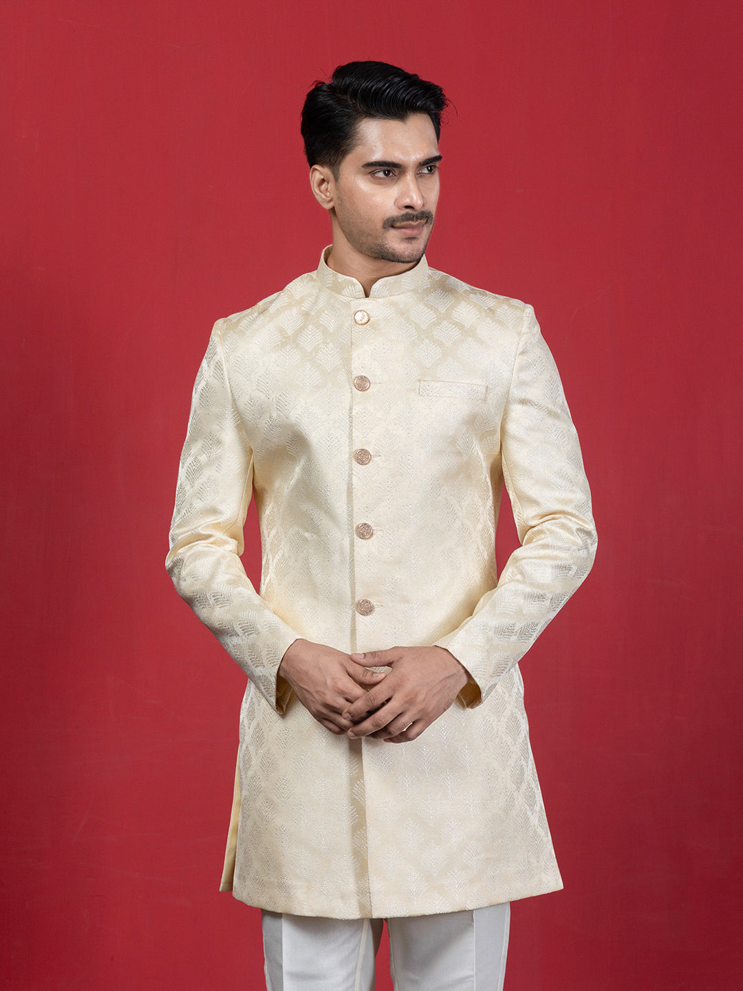 Cream Jacquard Ethnic Motif Achkan Sherwani Set