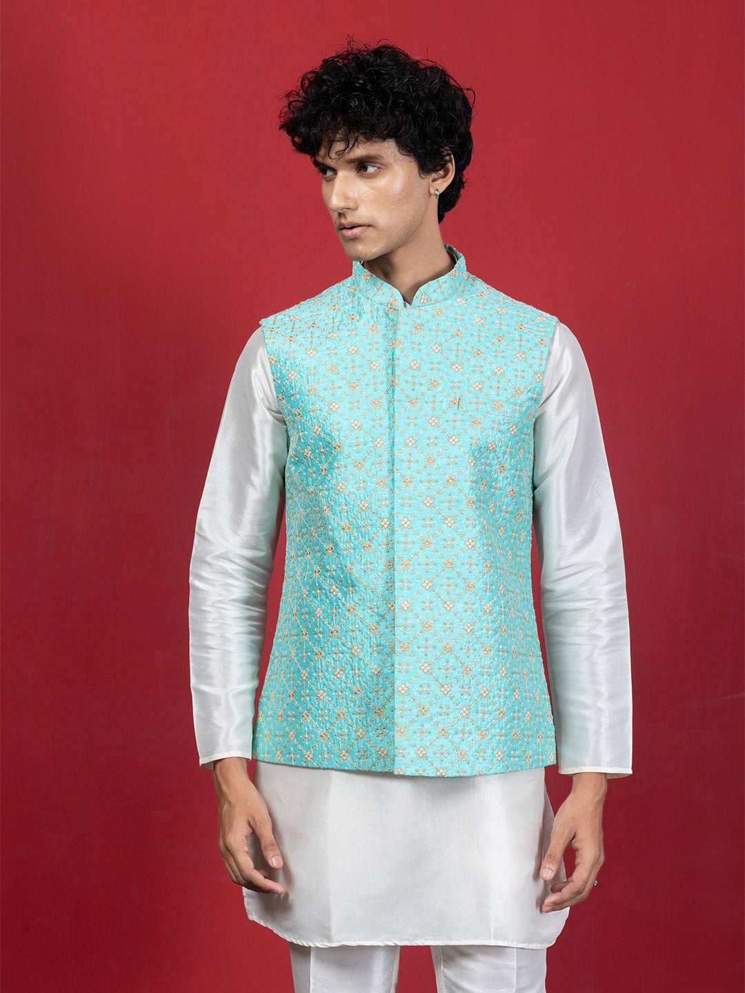 Turquoise Blue Zari Embroidered Jacket set with Kurta and Pyjama