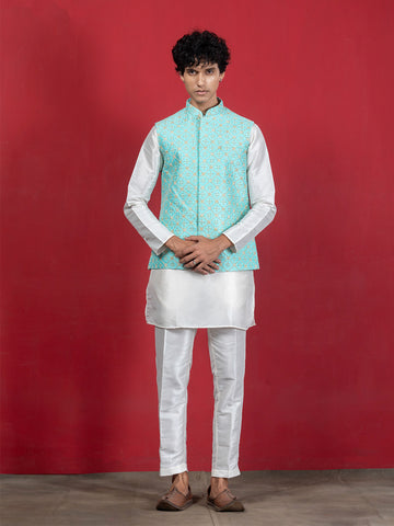 Turquoise Blue Zari Embroidered Jacket set with Kurta and Pyjama