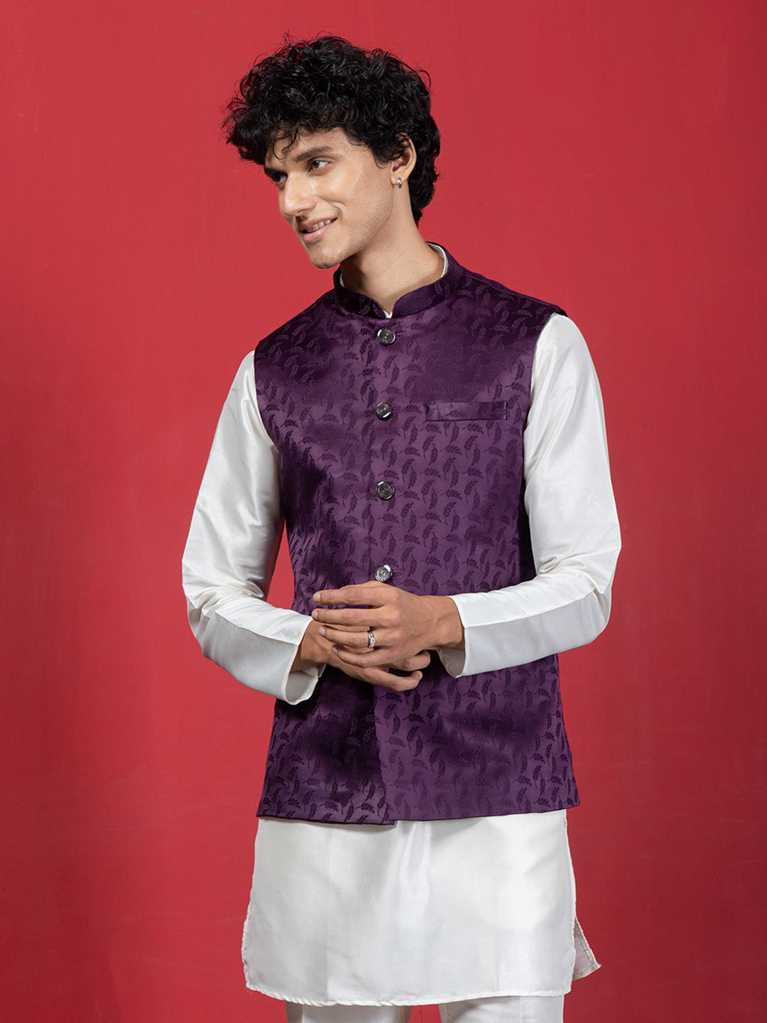 Wine Woven Jacquard Ethnic Motif Nehru Jacket