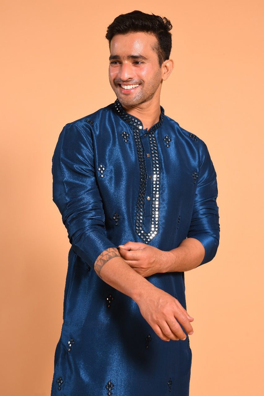 Teal Blue Viscose Silk Real Mirror Work Kurta