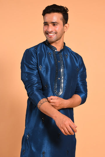 Teal Blue Viscose Silk Real Mirror Work Kurta