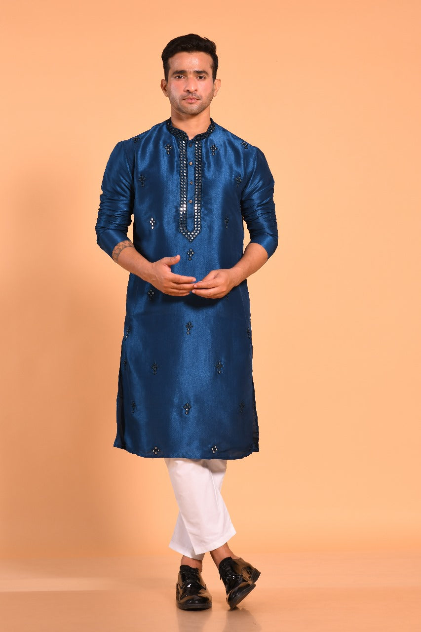Teal Blue Viscose Silk Real Mirror Work Kurta