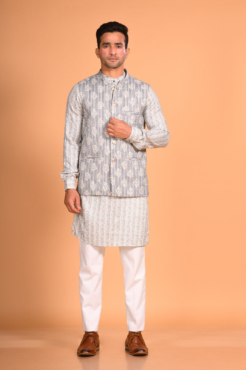 Grey Cotton Kurta Jacket Set