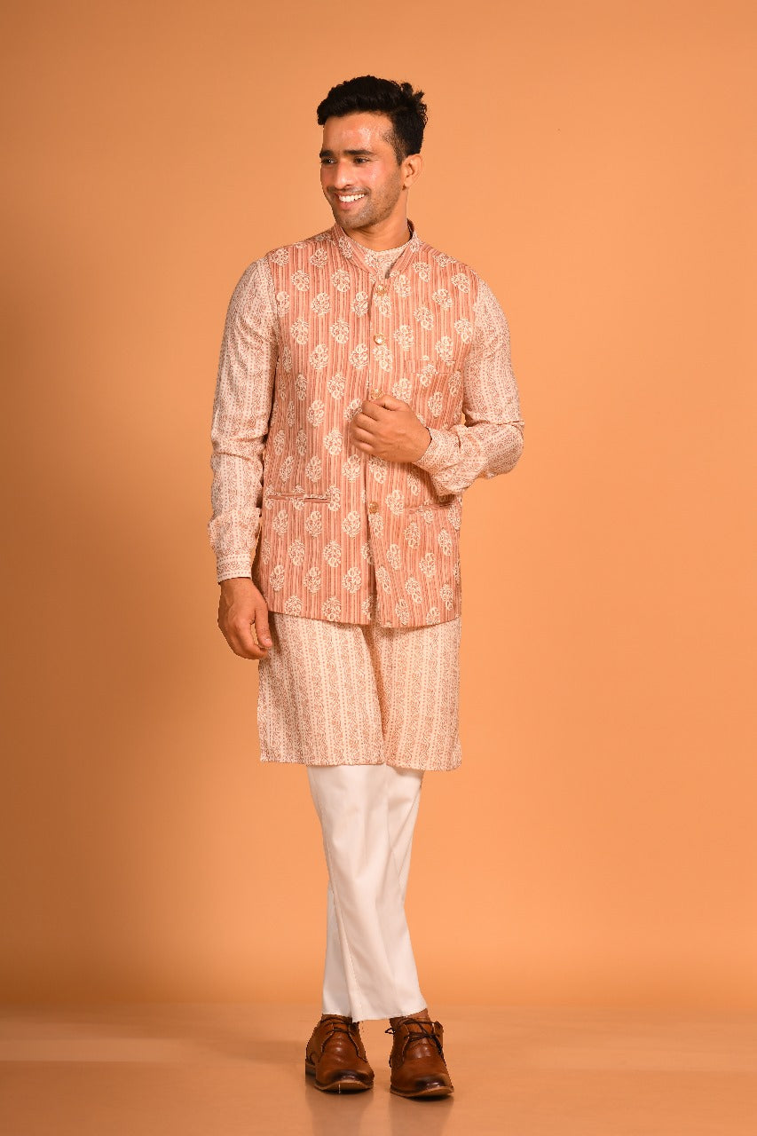 Rust Brown Cotton Kurta Jacket set