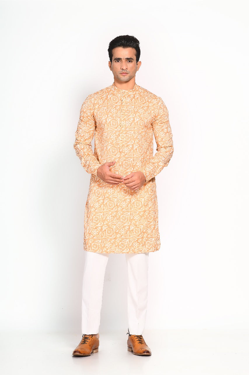 Orange Mull Cotton Printed Kurta