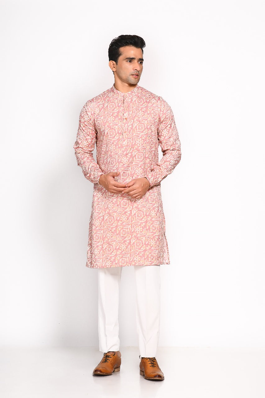 Pink Mull Cotton Printed Kurta