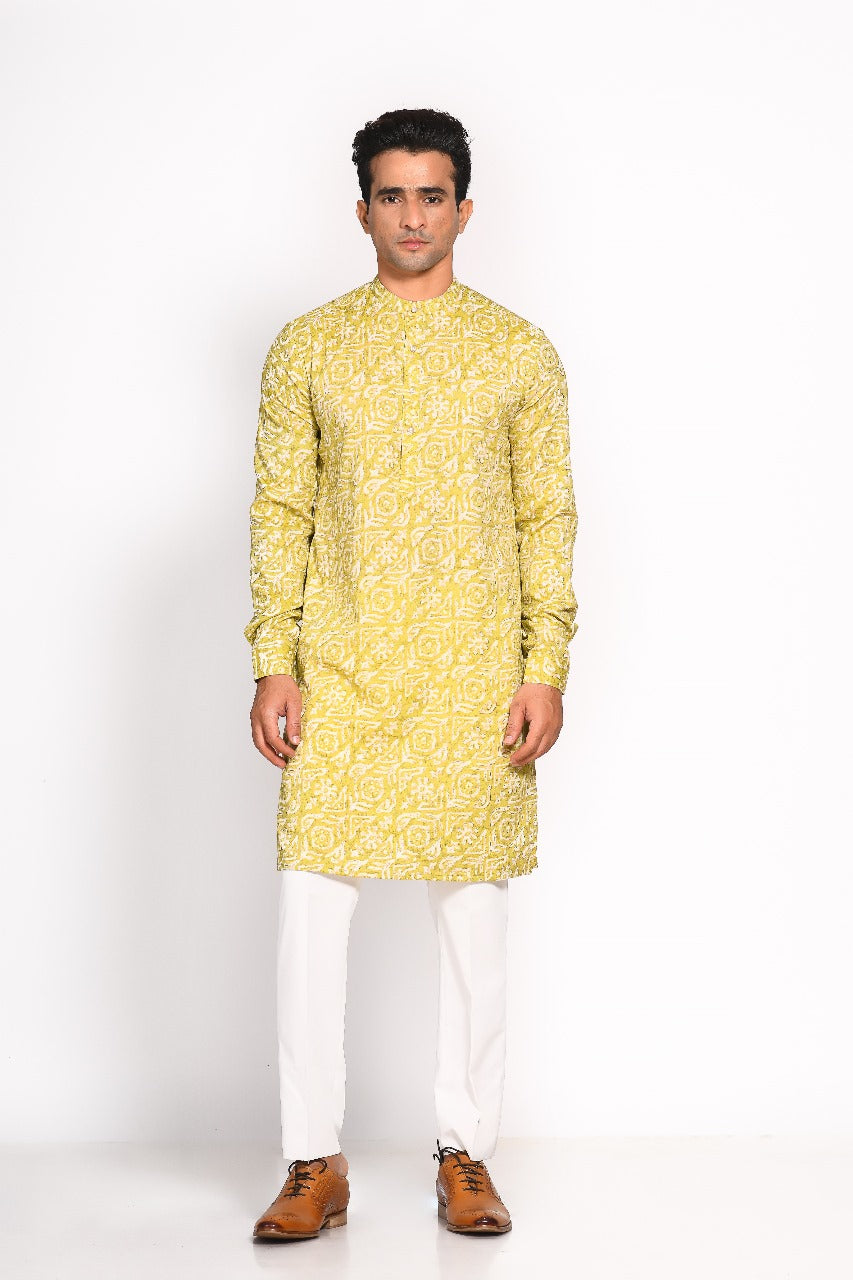 Green Mull Cotton Printed Kurta