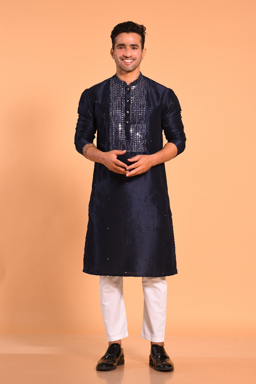 Navy Blue Viscose Silk Real Mirror Work Kurta