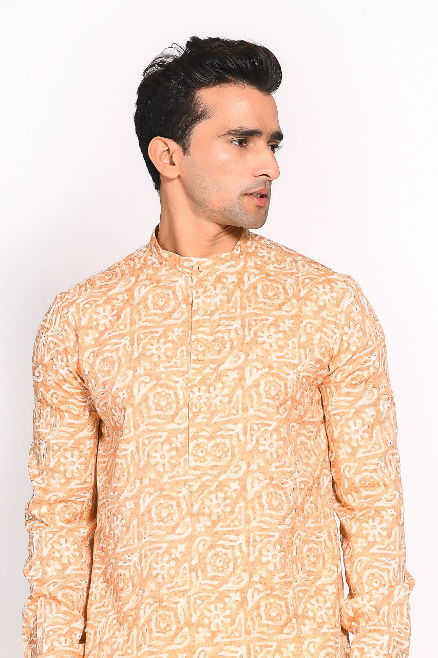 Orange Mull Cotton Printed Kurta