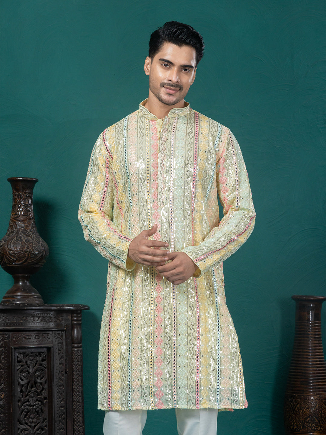 Yellow Multicolor Georgette Mirrorwork Embroidered Kurta